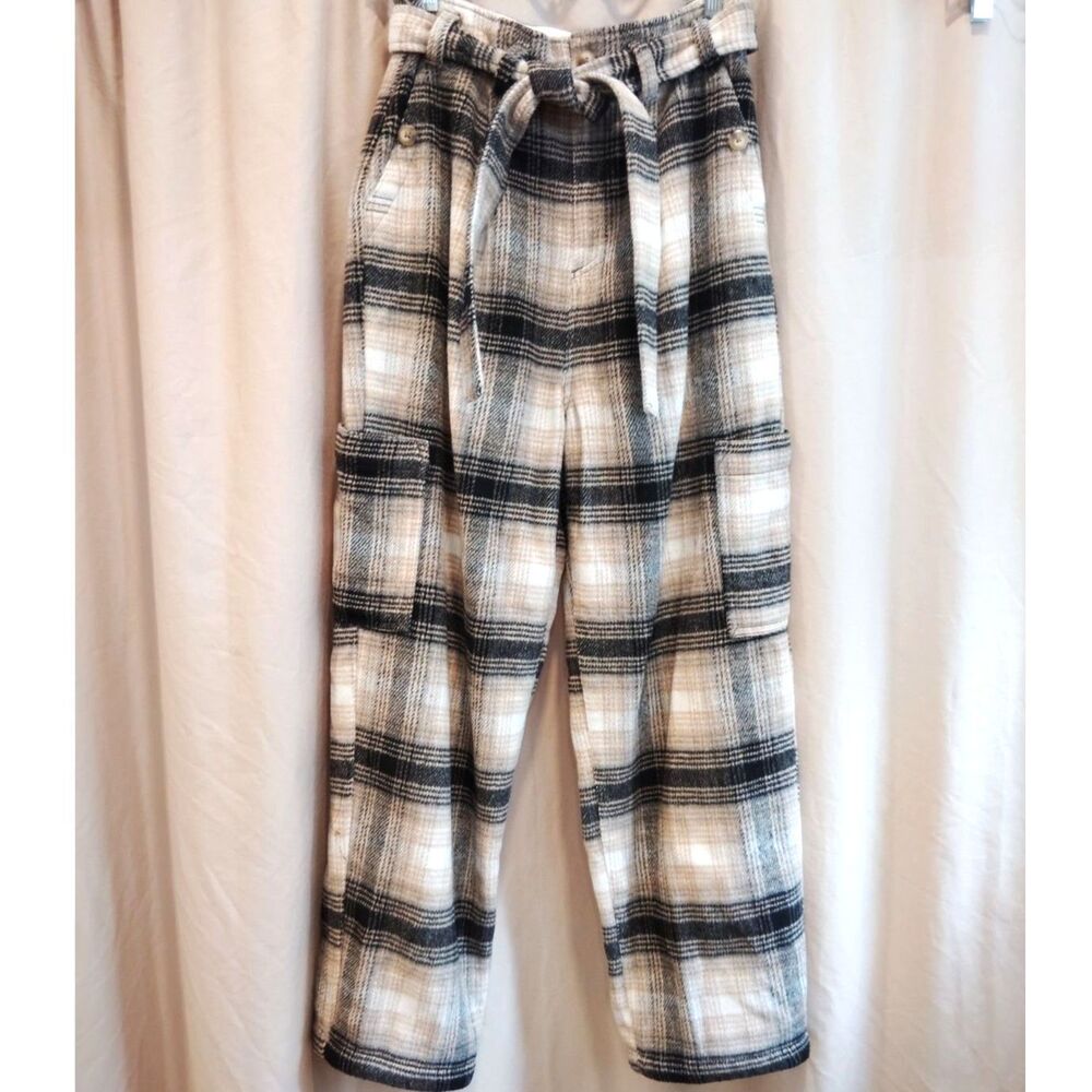 Free People Kye Plaid Wool Trousers - High Waist Belted Cargo Pants - Size 4